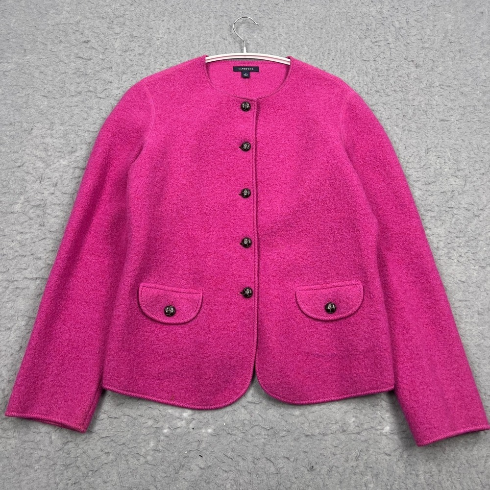 Lands End Jacket Womens 12 Pink 100% Wool Boiled Button Up Sweater Cardigan Coat